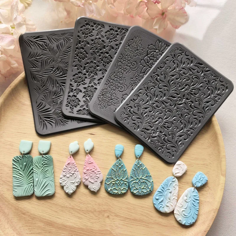 

Набор из 4 шт. текстурированных ковриков для лепки с винтажным узором (цветы/листья) для изготовления керамических серег и работы с полимерной глиной