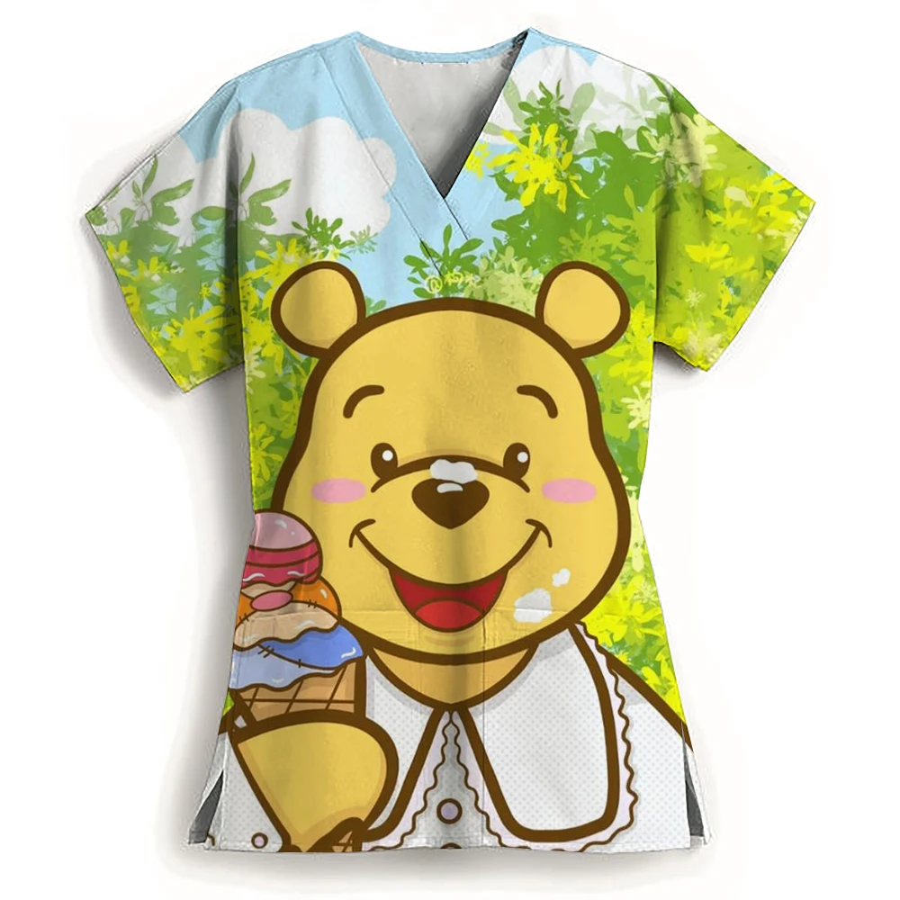 Nursing clothes  women's work clothes V-neck frosted top with two pockets Winnie the Pooh printed short sleeved medical shirt