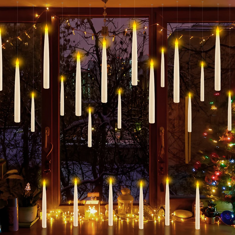 Floating Candles With Magic Wand Remote,LED Flameless Christmas Hanging Candle,Flickering Battery Operated Taper Candle Gifts