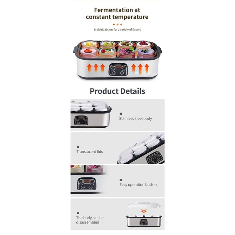 [HOT!A24R】 Automatic Yogurt Maker With 8 Glass Jars Electric Yogurt Machine With Adjustable Temperature And Time Control
