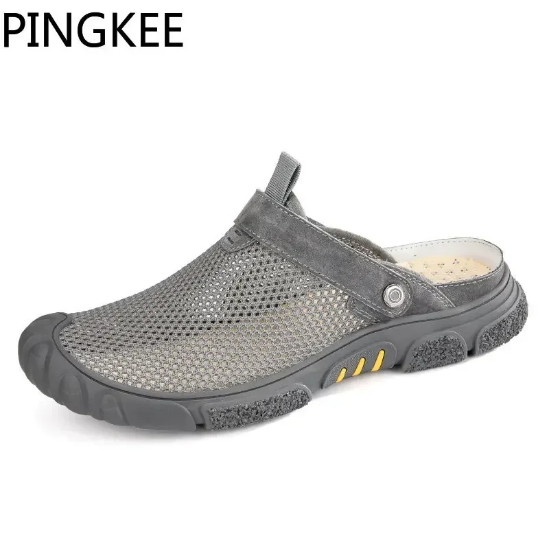 PINGKEE Men\'s Slip-ons Water Shoes For Men Leather Sandals Summer Male Breathable Slip on Beach Men\'s Shoes Men Sandals Shoes