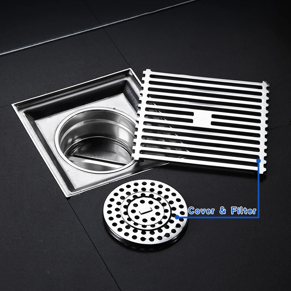 Floor Drain SUS 304 Stainless Steel Square Sliver Anti-odor Bathroom Shower Drainage Floor Drains for Balcony Lavatory Kitchen