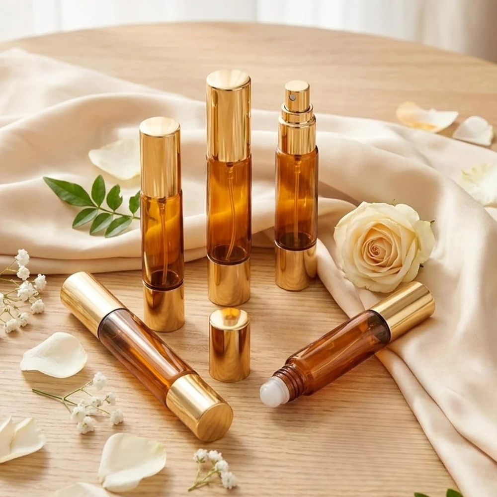 Nouveau flacon roll-on en verre ambré double usage 10 ml (1 ou 3 pièces) avec atomiseur à pulvérisation fine pour parfum, huile essentielle, cosmétique portable de voyage