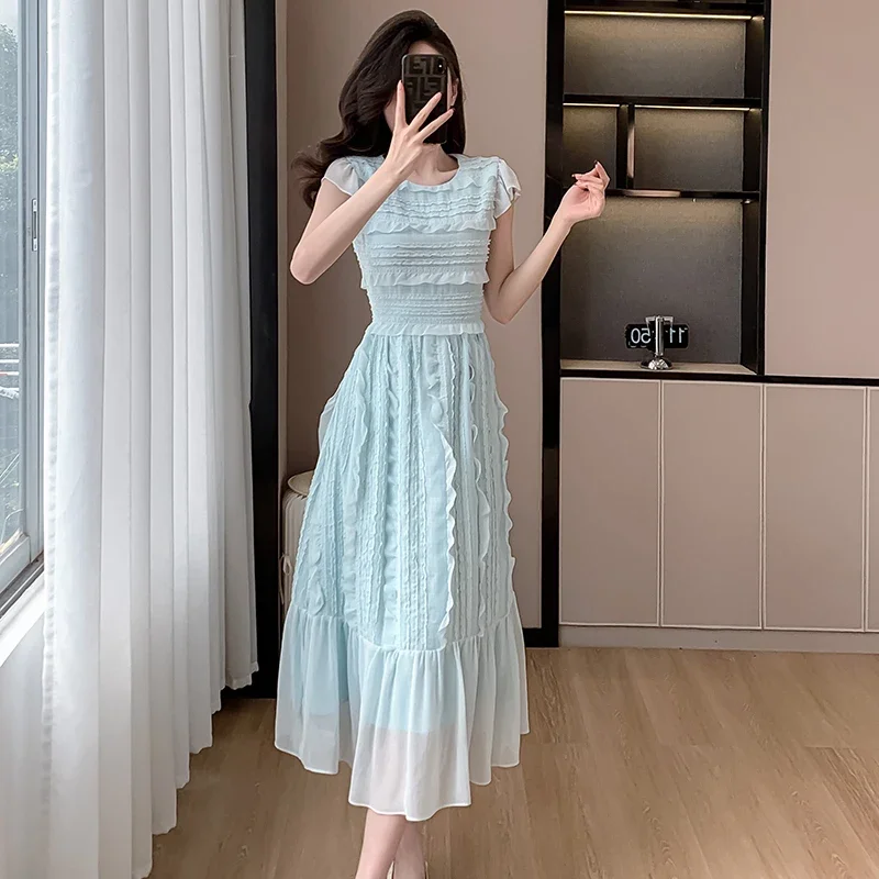 

2024 New Summer Blue Chiffon Holiday Dress Fashion Sweet Women O Neck Short Sleeve Ruffles Fold Slim Waist Party Midi Clothes