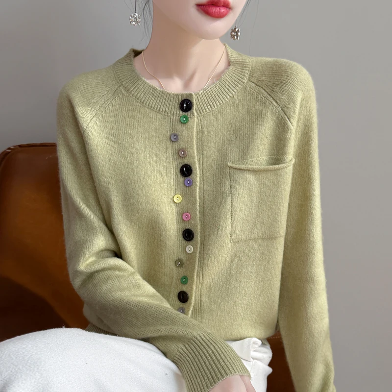 2025 New Fashion Spring O-neck Long Sleeve Cardigan Women\'s 100% Merino Wool Sweater Cardigan Color Button Knit Top Women\'s
