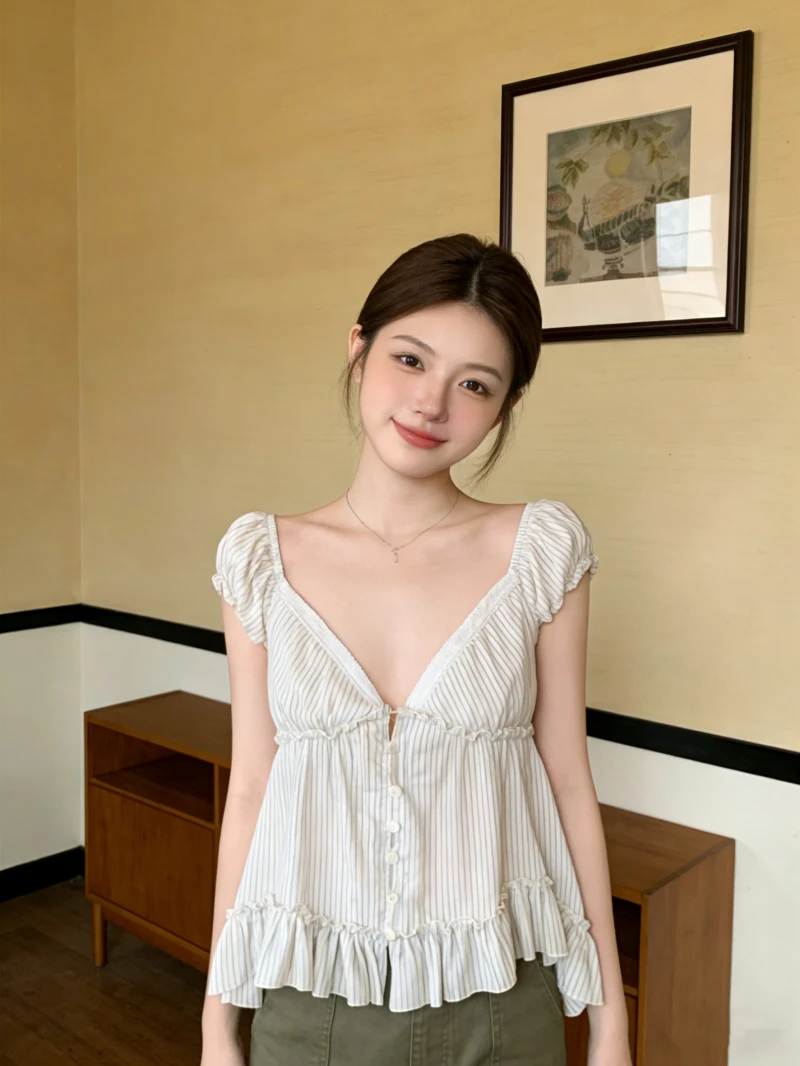 

Kumikumi French Style Loose Women's Shirt Short Sleeve Stripe Ruffle Hem Summer Chic Top Cool Sensation V Neck Regular Length