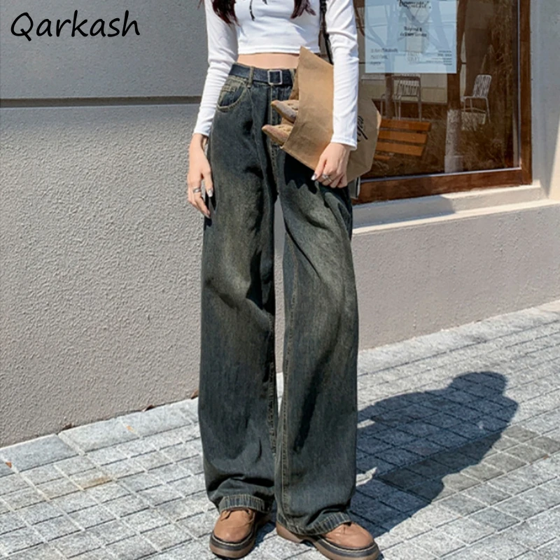 Gray Vintage Jeans Women Wide Leg Straight High Waist Full-length Korean Fashion Washed Do-old Personality Hot Girl Chic Stylish