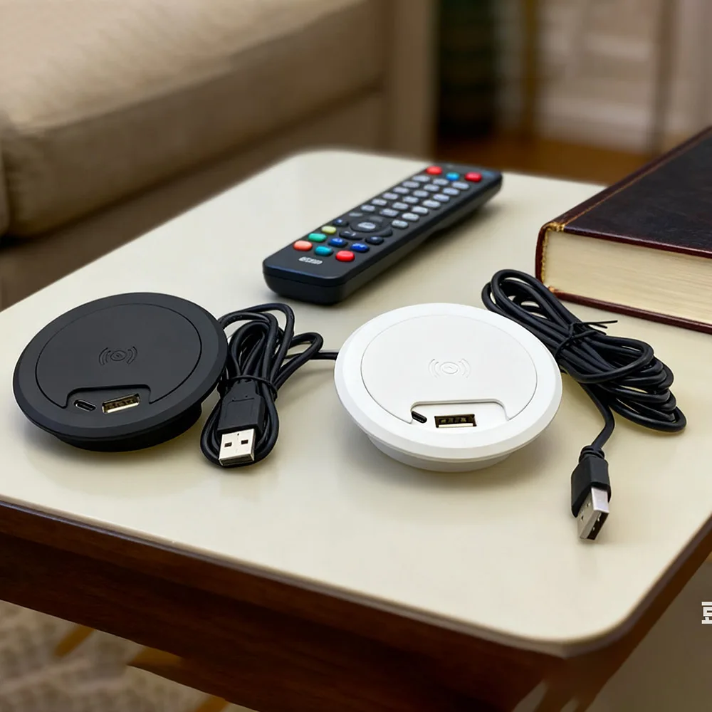 Ładowarka bezprzewodowa USB+Type-C 15W 5V do montażu w biurku, z osłoną uszczelniającą na okrągły otwór 60mm, ukryty panel.