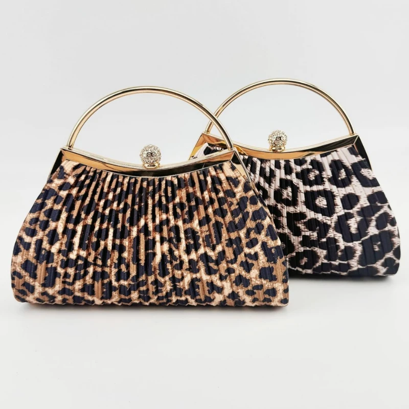 

Vintage Leopard Print Pleated Handbag Women Retro Metal Handle Crystal Clasp Evening Purse Ladies Formal Events Clutch Bags