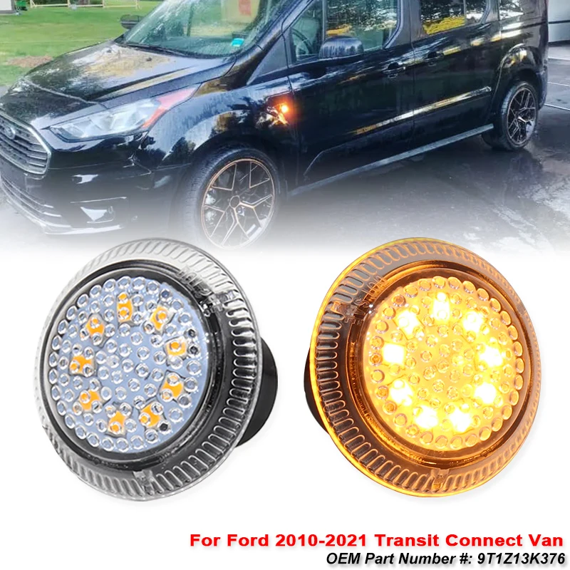 

2pcs Round Shape Amber Yellow Full LED Front Fender Side Marker Light For Ford 2010-2021 Transit Connect Van Turn Signal Lamp
