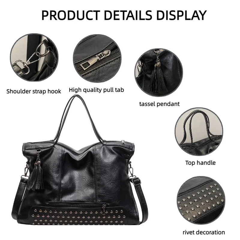 Damen-Handtasche mit Nieten- und Quastenverzierung, Weiche PU-Leder Schultertasche, Große Umhängetasche für den Alltag – Detail 11