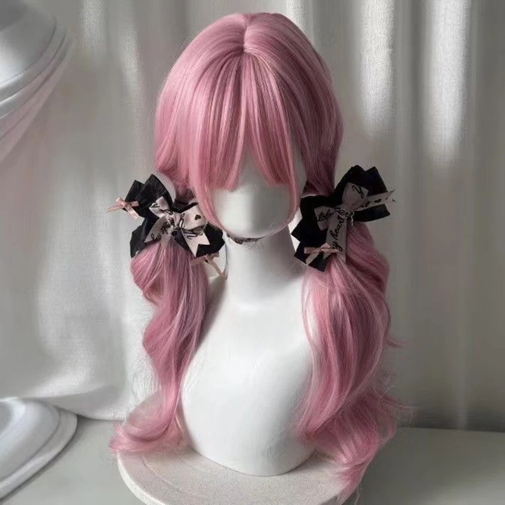 วิกผมสีชมพู ผมยาว ผมเทียมเลียนแบบผมอนิเมะ อุปกรณ์เสริมสำหรับเกม คอสเพลย์ หมวกคลุมศีรษะแบบเต็ม ทรงผมหยิก อุปกรณ์ประกอบฉากถ่ายภาพ
