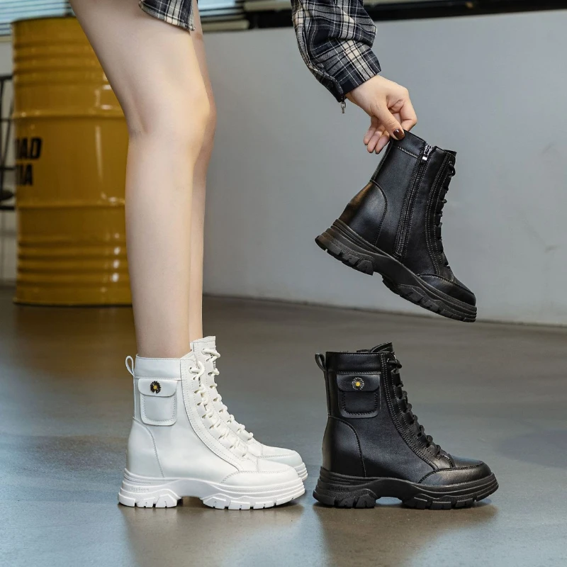 

Pocket Decor Simple Boots Lace Up Side Zipper Thick Sole Elevator Footwear Black And White Casual Fashion Ankle Boots For Ladies