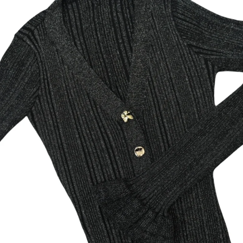 

2025 New Autumn Winter Women Knitting Dress Casual V Neck Long Sleeve Single Breasted Soft Warm Party Long Dresses