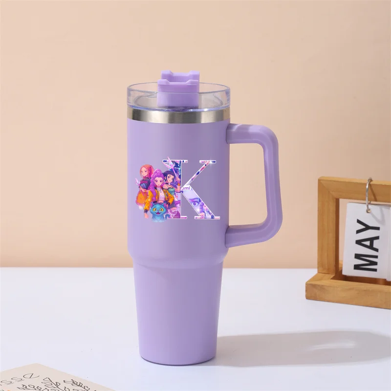 

KPop Demon Hunters 304 Stainless Steel Water Cup Purple A-Z Letters Anime Color Fashion Straw Bottle Arge Capacity Handle Kettle