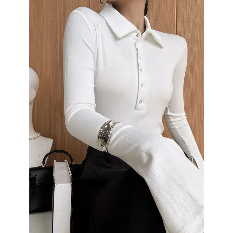 Women Polo Collar Long Sleeve T Shirt Slim Fit Flare Cuff Elegant Old Money Style Autumn Casual Blouse Tops