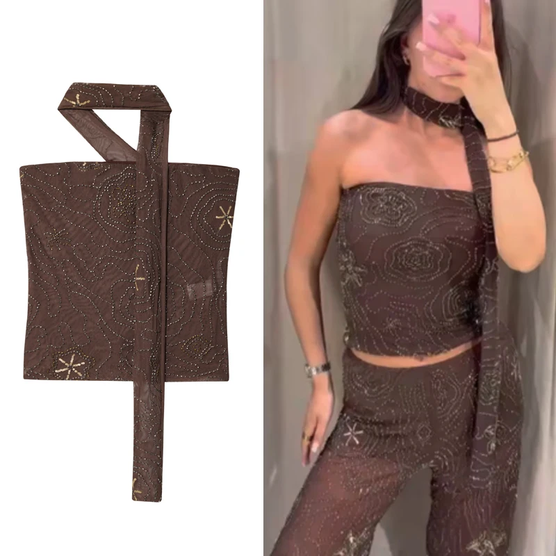 Canottiere e canottiere con corsetto da donna con perline Nuovo top a tubo corto con paillettes Top estivo senza maniche con schiena aperta 2025 Gilet stile street marrone
