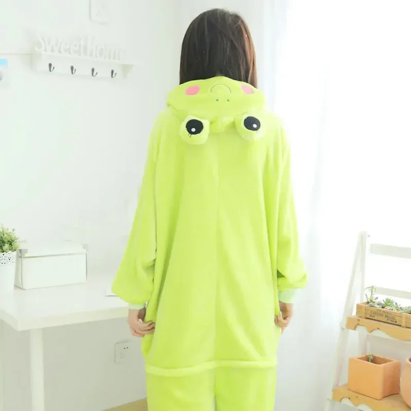 Winter warm flannel long sleeved cartoon pajamas set cosplay animal pyjamas suit sleepwear women's cute frog jumpsuits nightwear