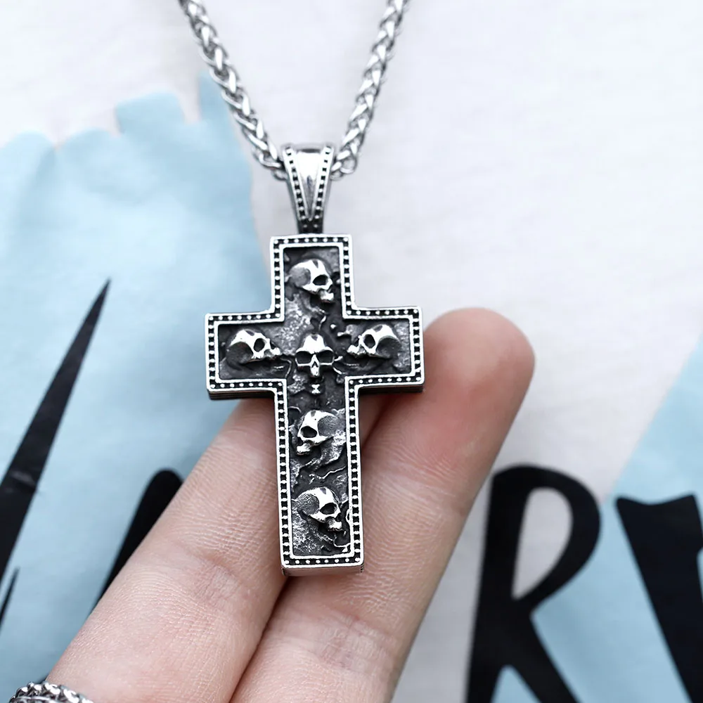 2022 NEW Men\'s 316L stainless-steel Cross skkull head Pendant Necklace for teens punk biker jewelry Gift free shipping