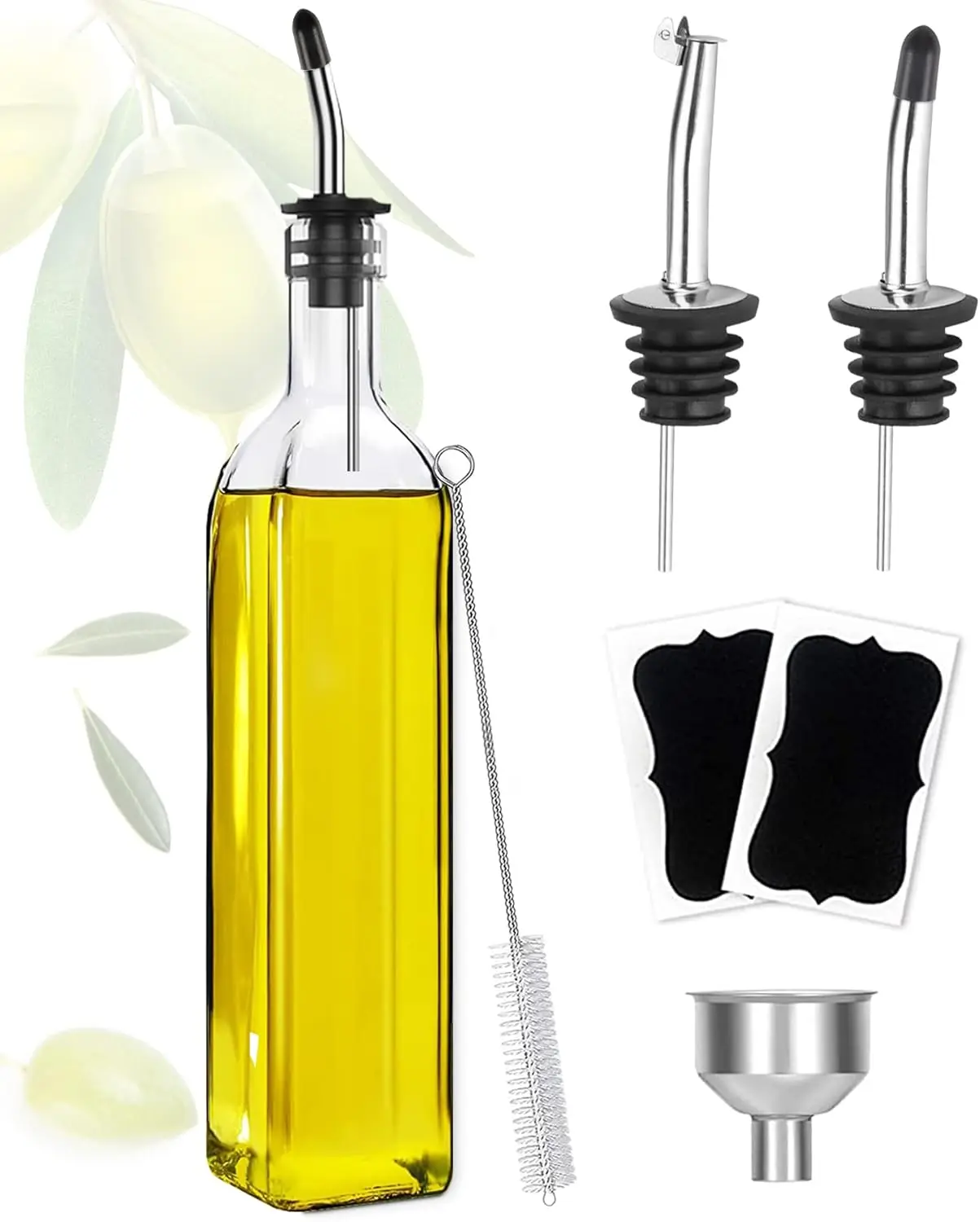 Dispensador de Aceite de Oliva, Recipiente Cuadrado Alto de Vidrio de 17oz/500ml con 2 Vertedores de Acero Inoxidable, 2 Etiquetas, 1 Cepillo y 1 Embudo para K