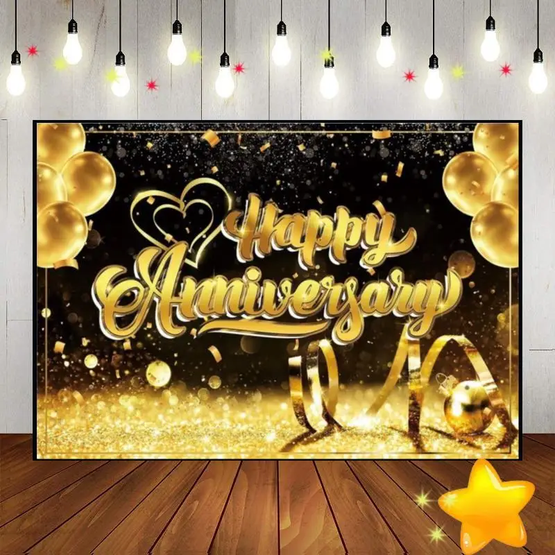 Wedding Anniversary Background Photo Exquisite Birthday Photocall Black and Gold Smash Cake Balloon Custom Backdrop Woman Prince