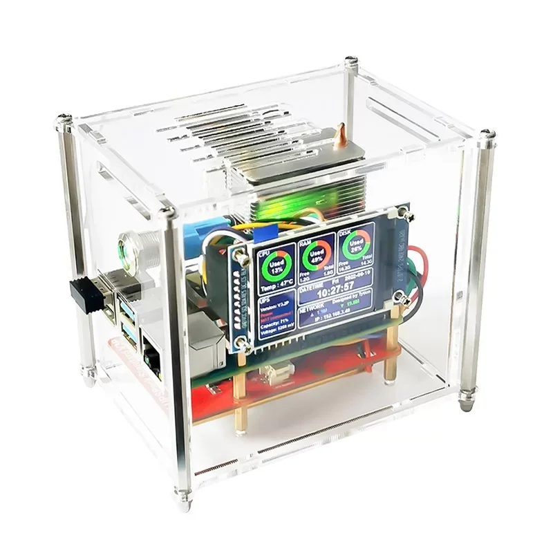 Raspberry Pi 4B Acrylic Case with Ice Tower Cooling Fan 2 inch IPS 240*320 LCD Display UPS Battery Expansion Board Lipo Battery