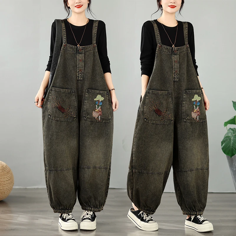 plus Size Embroidered Casual Versatile Fashionable Denim Overalls Spring Autumn High Waist Long Pants Women's Premium Jeans