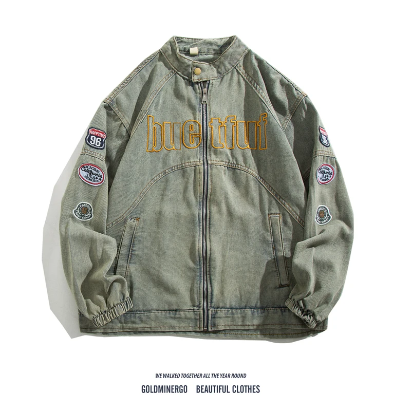 

Винтажная мужская джинсовая куртка с вышитыми буквами в американском стиле High Street, модная брендовая крутая уличная одежда, свободная посадка, весна-осень