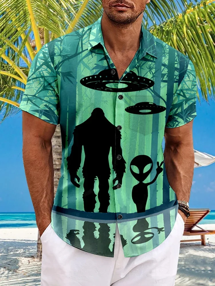 Hawaiian Shirt For Men Summer Bamboo Bigfoot Alien Spaceship Print Men's Hawaiian Oversized Shirt With Pockets