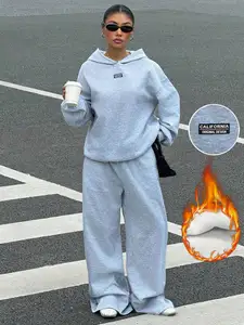 Women's Thermal Lined Hoodie & Sweatpants 2-Piece Set, Loose Fit, California Design, Grey