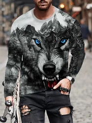 Wolf Print Men's Long Sleeve T-shirt Spring And Autumn Men's Daily Casual Top Outdoor Street Men's Fashion Long Sleeve T-shirt