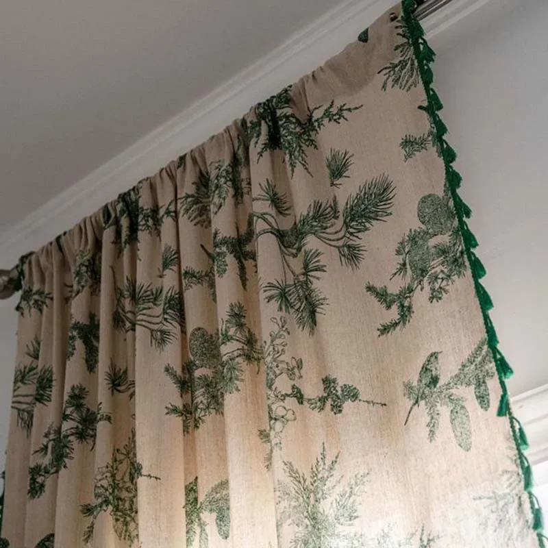 Green Leaves Cotton Linen Curtain for Living Room with Tassel Window Drapes Rod Pockets Door Closet Valance Bedroom Decor 240