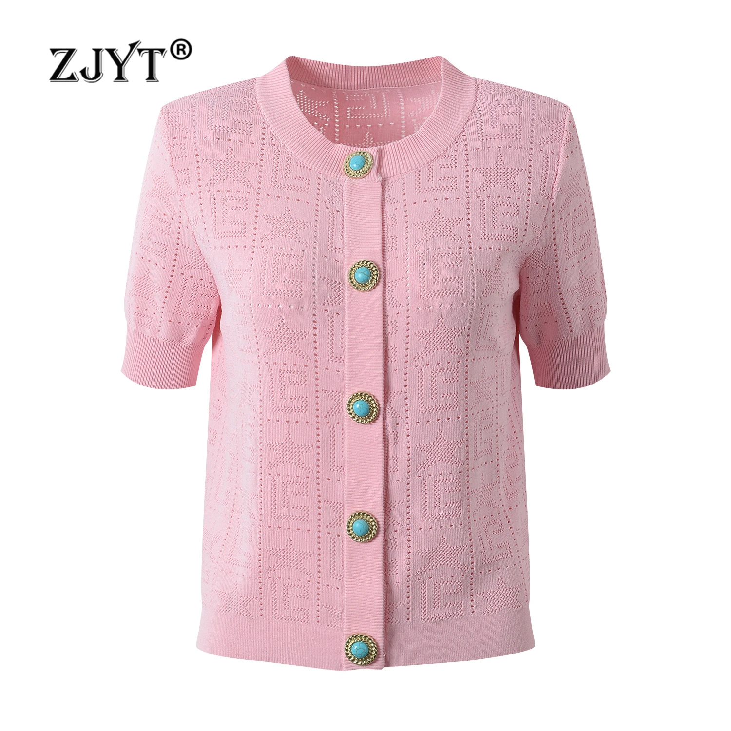 

ZJYT Women's Summer Knitted Cardigans Tops Sweaters Short Sleeve Single Breasted Slim Fit Knitwears White Jersey Mujer Fashion