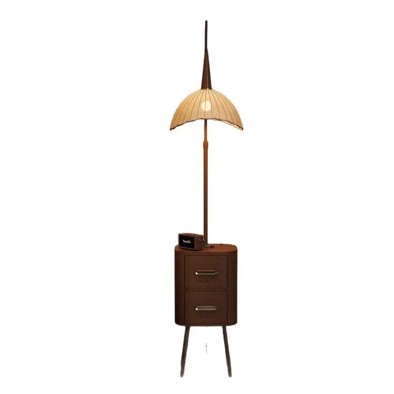 Modern simple bedroom solid wood shelf medium antique style bedroom bedside table lamp integrated intelligent