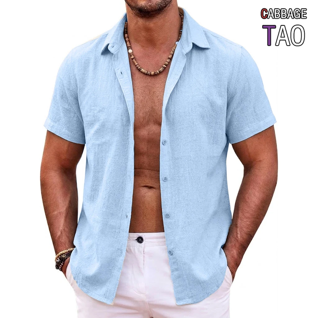Mens Summer Hawaiian Short Sleeve Shirts Cotton Linen Lapel Tops Casual Breathable Beach and Gym Tees Plus Size for Men Tops