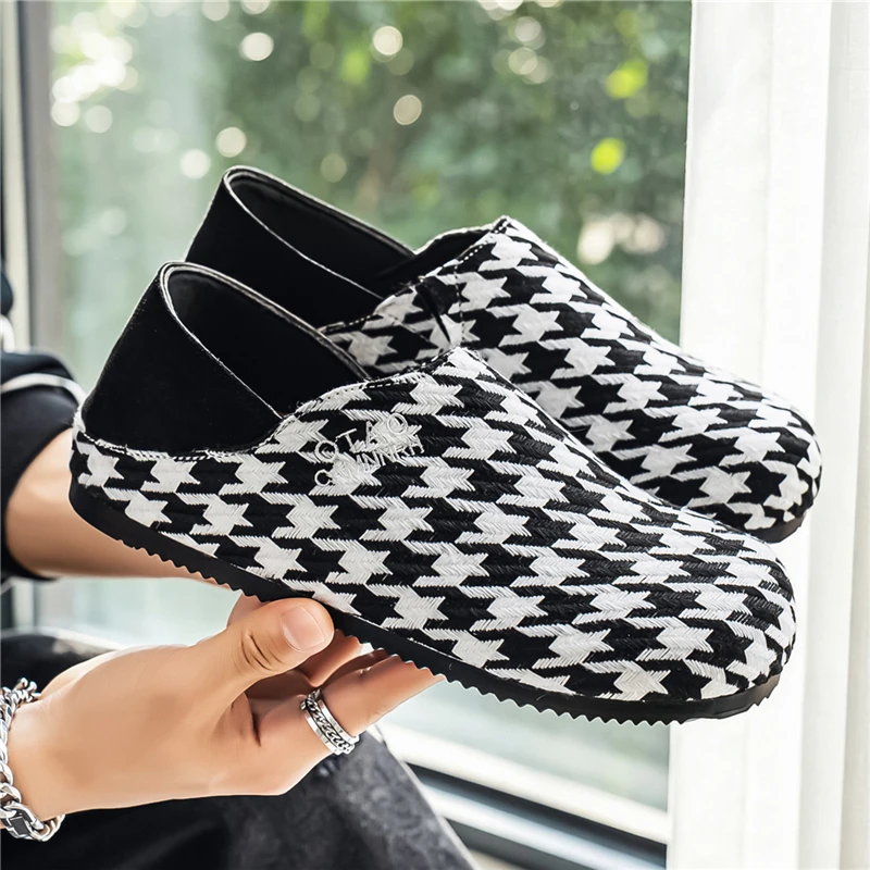 Men's Houndstooth Slip-on Loafers Breathable Casual Shoes Two-wear Lightweight Lazy Sneakers Non-slip Walking Shoes