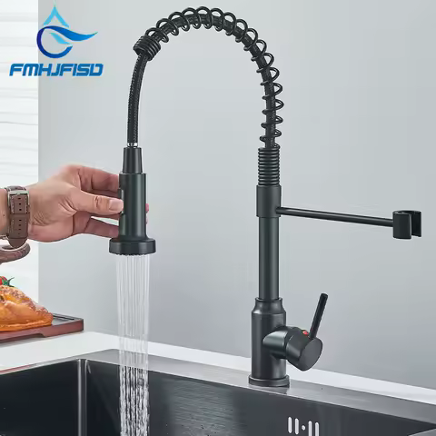 Matte Black Kitchen Sink Faucet Pull Down 360° Rotation 2 Modes Hot And Cold Water Mixer Tap Single Handle Deck Mounted Crane
