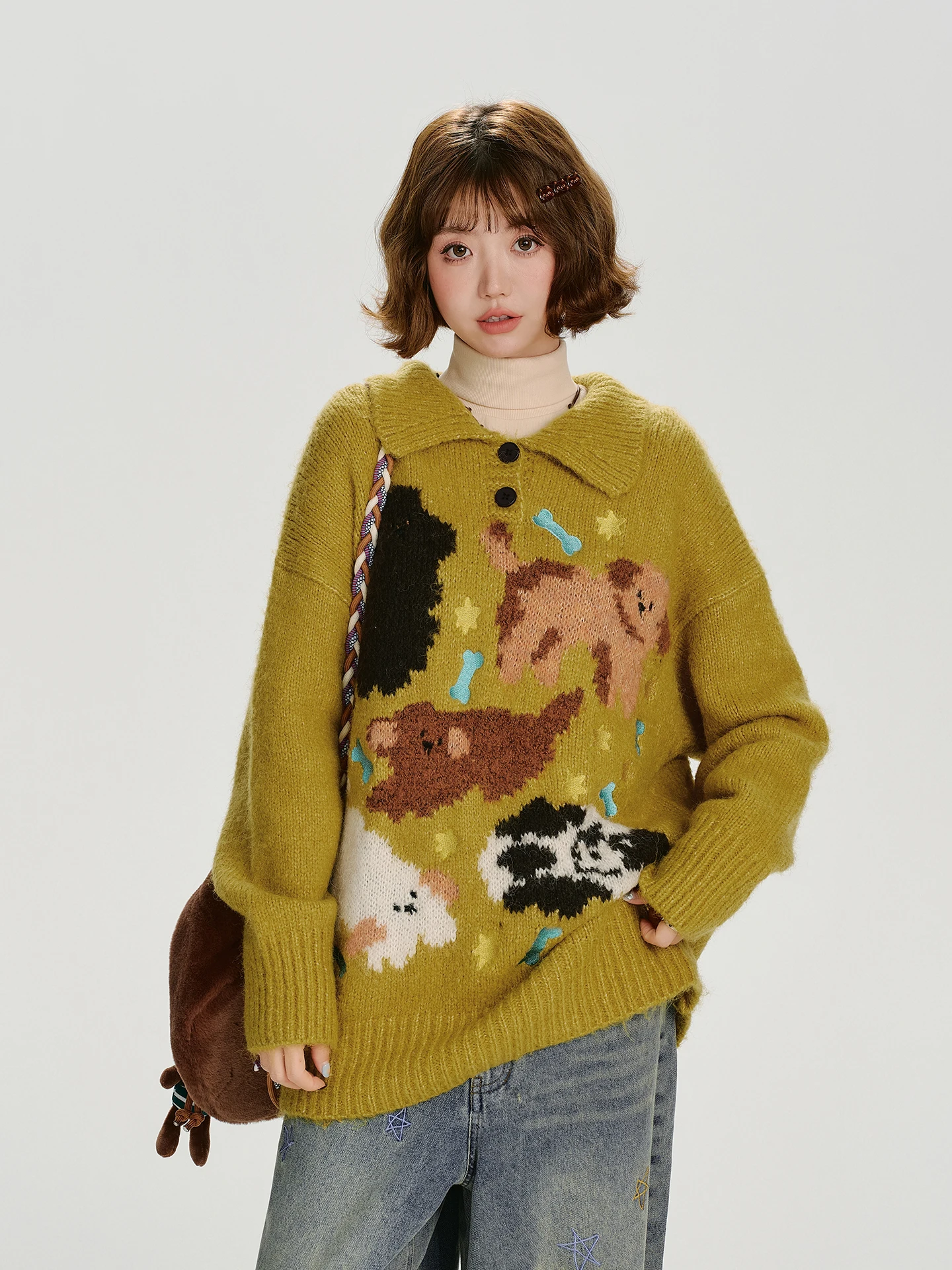 

Женский зимний свитер в американском ретро-стиле с животным принтом, отложным воротником, утепленный, свободный, ленивый крой, с длинными рукавами, стандартный размер