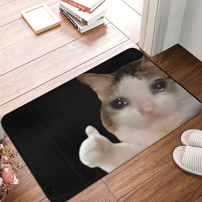 Cute Crying Thumbs Up Cat Pattern Doormat Funny Meme Cartoon Floor Rug Creative Indoor Entrance Decor Carpet for Bedroom