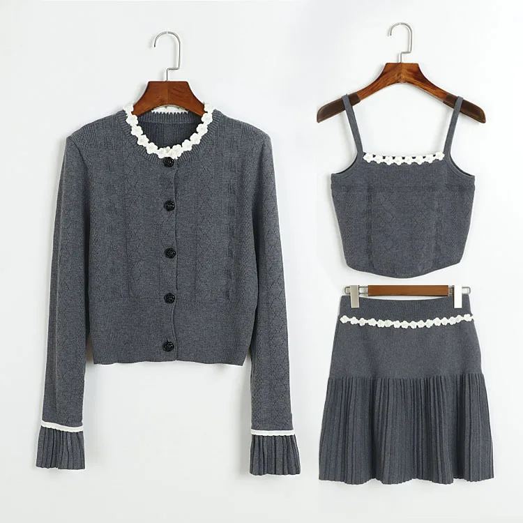 

High-Quality Preppy Knitted 3-Piece Set – Floral-Edged Cardigan, Soft Camisole & Pleated Mini Skirt, Early Autumn New Arrival