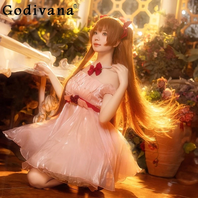 Conjunto de vestido cosplay sussurro de flor feminino asuka langley doce vestido rosa feminino role play uniforme roupa de halloween conjunto completo