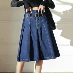 New Women Vintage Denim Pleated Skirt Summer Fashion High Waist A-Line Jeans Skirt Casual All-match Blue Skirt Knee-Length