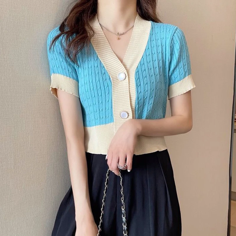 Vrouwen Button Up Korte Mouw Gebreide Top Colorblock V-hals Ingericht Crop Gebreid Vest Zomer Koreaanse Mode Tiener-meisje Outfit