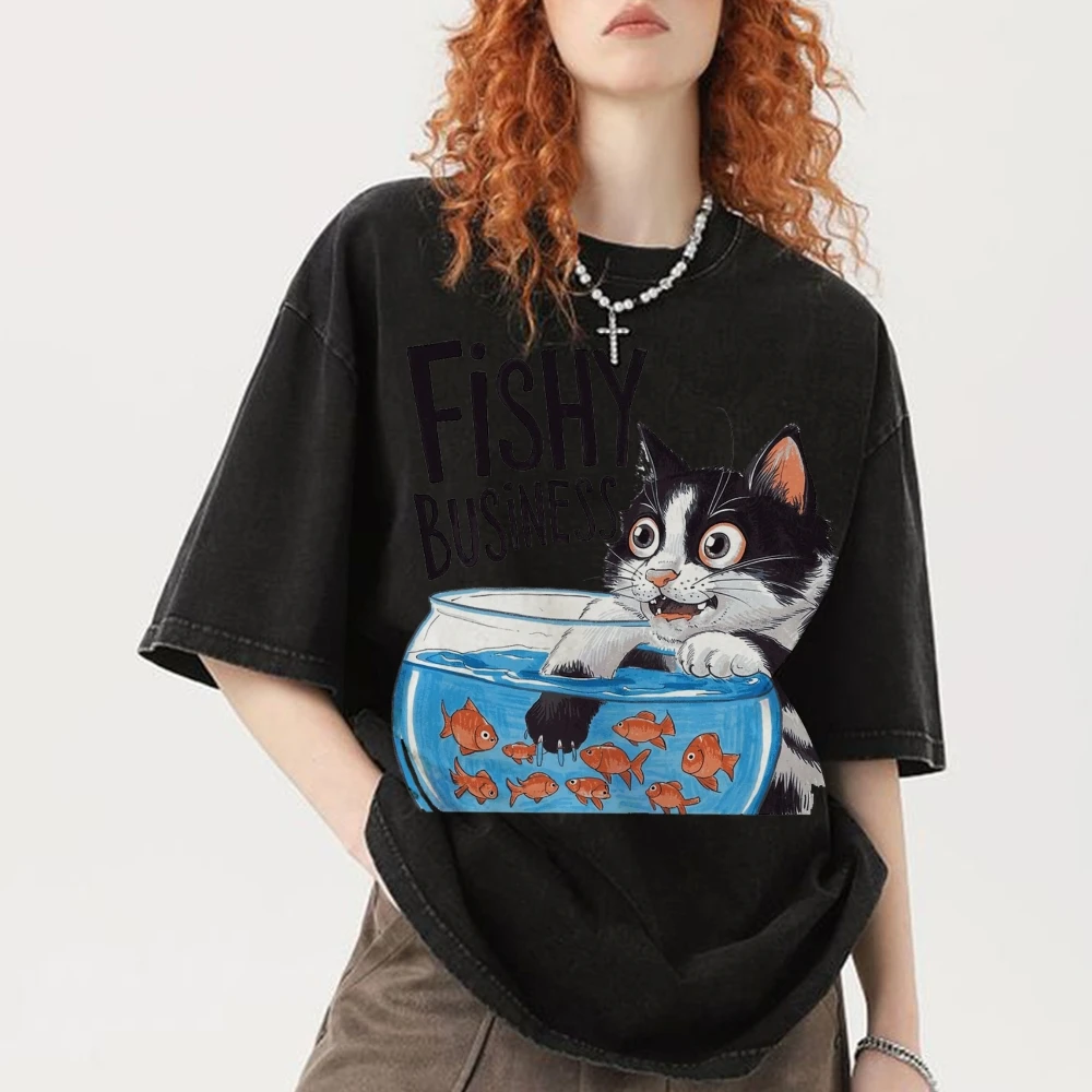 

Oversized Shirt For Women Top Clothes Cotton Cat Catching Fish Graphic Trend T Shirt Unisex Fit Short Sleeves Tee Cheap Items