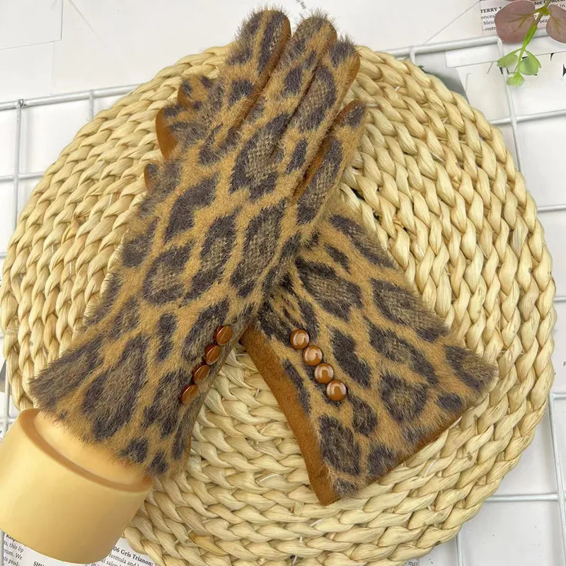 Winter Suede Women Ferret Fleece Leopard Print Keep Warm Touch Screen Fashion Personality Cycling Driving Soft Gloves