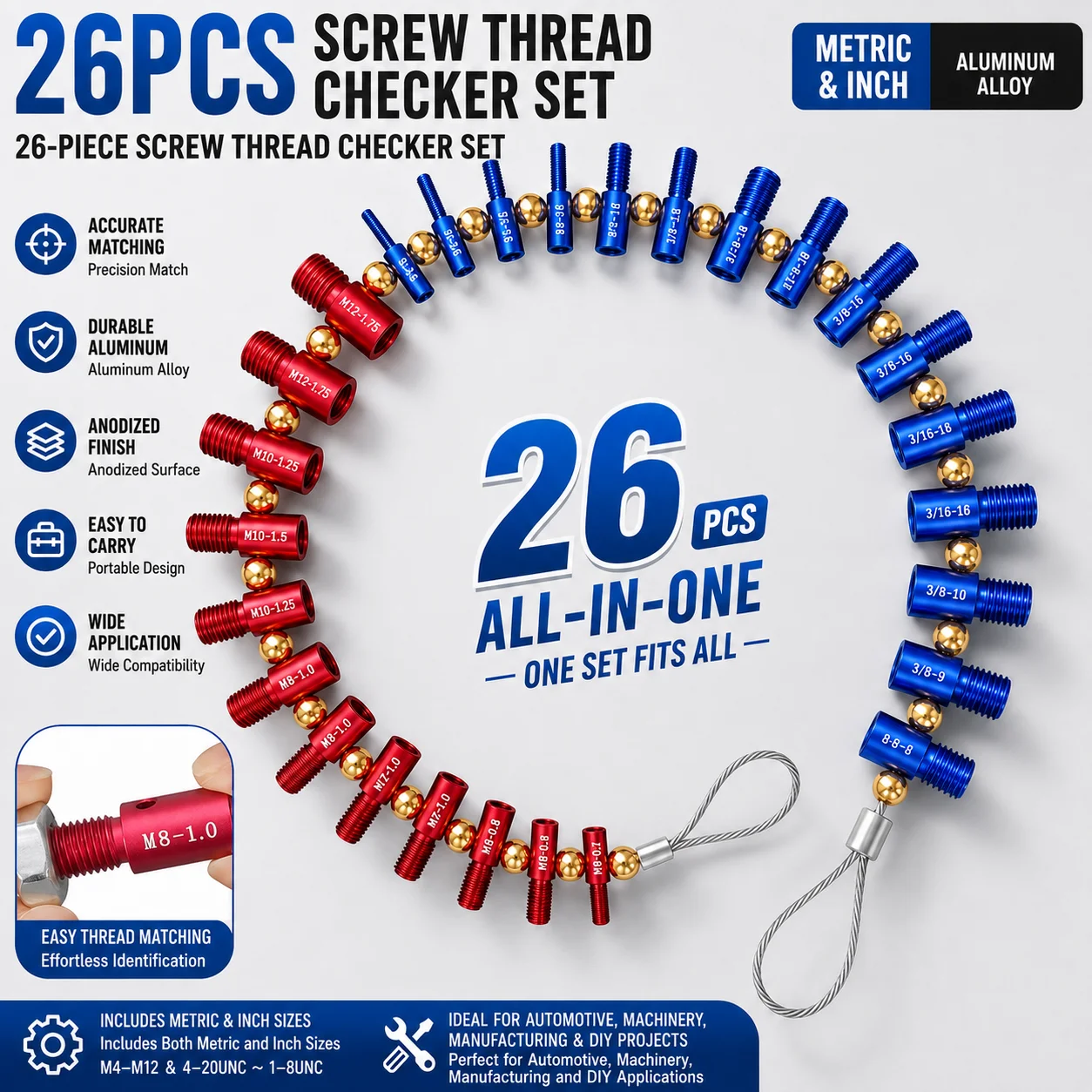 26PCS Aluminum Bolt Thread Checker Metric SAE Screw Nut Thread Gauge Portable Thread Identification Tool