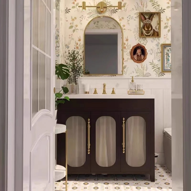 

French retro bathroom cabinet combination, antique American light luxury solid wood bathroom cabinet, washbasin cabinet