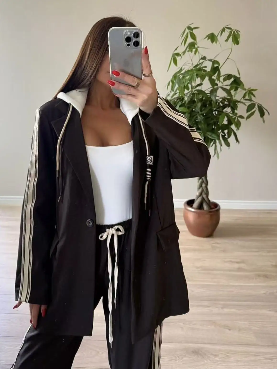 Faionable Spor Women's Suit Set Straight Leg Stripe Pants Two Piece Ensemble Chic Button up Long Sve mid Length Coat