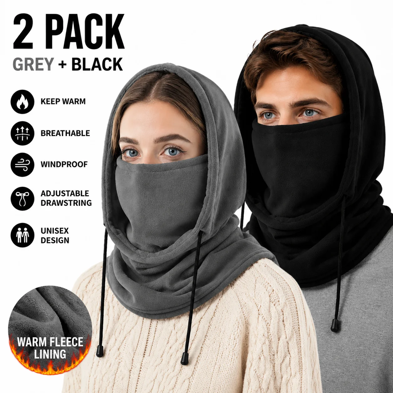 1/2pcs Winter Fleece Balaclava Hat Windproof Thermal Face Mask Neck Warmer Adjustable Drawstring Ski Cycling Hood Scarf for Men