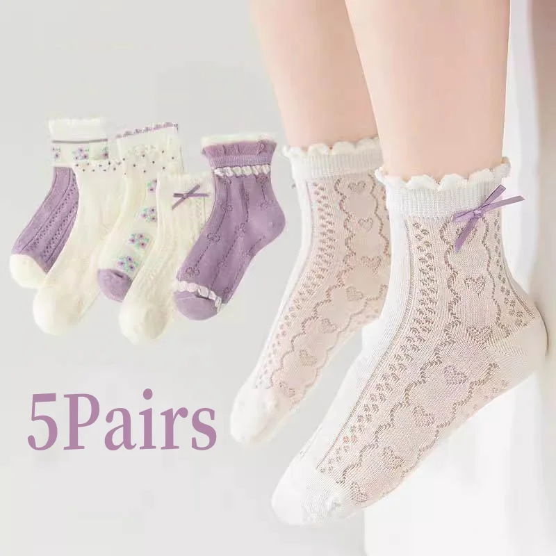 RAISE YOUNG 5 Paare/los Lila Kinder Mädchen Mesh Socken Bogen Blumendruck Babys Mädchen Sommersocken Tiermuster Kinder Mädchen Socken